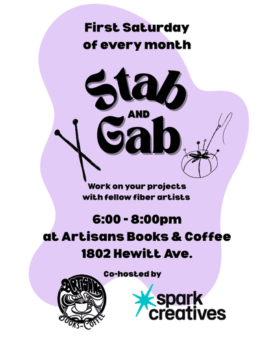 We are happy to be co-hosting Stab and Gab, a monthly fiber arts meetup with @mention[@artisansbooksandcoffee](artisansbooksandcoffee). Every first Saturday of the month, we will be gathering at Artisans to work on our projects and spend time with other crafters. Knitting, sewing, spinning, needle felting, crochet, etc-- all fiber crafts are welcome!

The first meetup is on Saturday Dec. 6th, from 6 - 8pm
at Artisan Books & Coffee, 1802 Hewitt Ave., Everett
