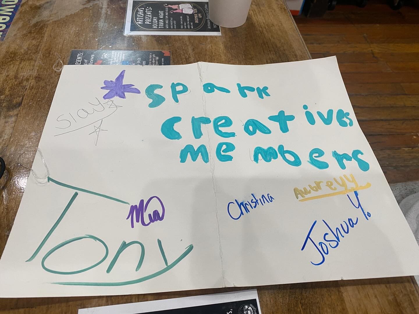 <p>Tonight’s Sparks Creatives weekly meetup @artisansbooksandcoffee , a makers daughter made a sign commemorating tonight’s meetup with everyone signing it to confirm the legitimacy for the meetup 🫡😂🤣😉. #SparksCreatives #KeepCreating #Community</p>