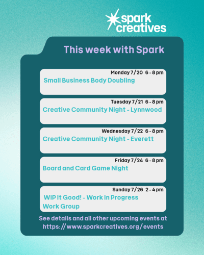 What's happening this week with Spark Creatives? Free events like Creative Community Night and board and card game night!

Tonight, have the company of other small business owners while you work on social media posting and admin tasks.

Or grab your pay-what-you-can tickets to join us for WIP It Good this weekend. By finishing one of your works in progress you could earn a little gold star magnet 🌟

Head to the events section on our website, or our page on Meetup to see details and get your tickets. Plus, you can take a peek at some of the other events we have coming up!

We are a #makerspace located between Everett and Lynnwood, WA committed to building a diverse community of makers, tinkerers, artists, and creatives. Our central vision is centered around sharing knowledge, space, and equipment as we grow and learn together. #sparkcreatives #sparkcreativesmakerspace